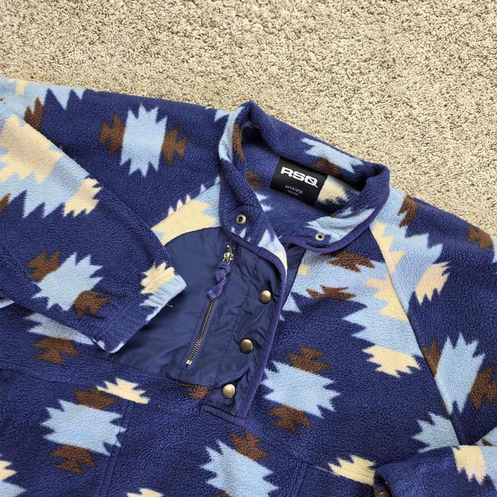 RSQ Southwestern Fleece Pullover Women XL Blue Aztec Snap Mock Neck Pocket Coat